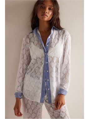 Hand Over Paco Shirt in White Lace Blue Stripe Button Down Fun Flirty Collared